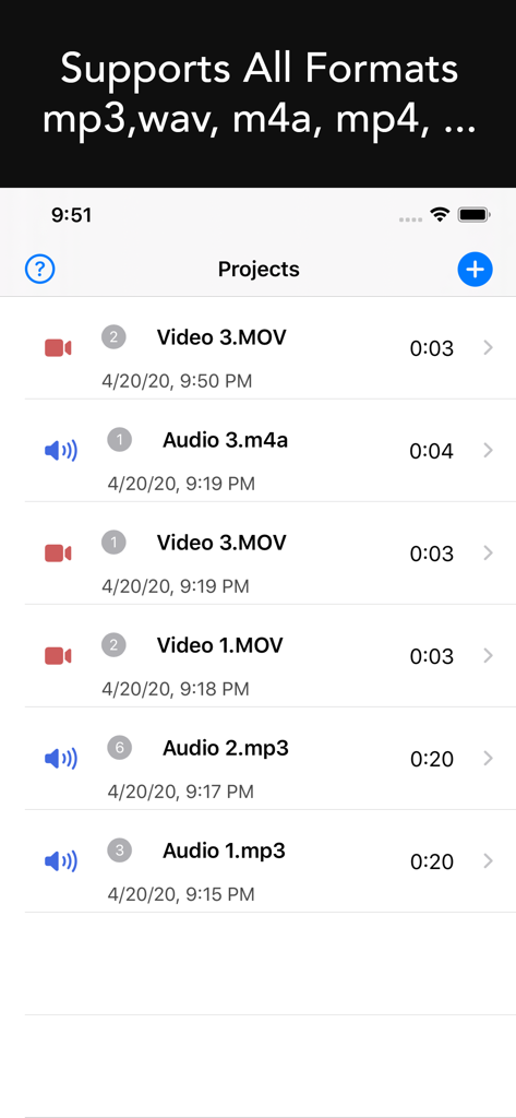Denoise Audio - Remove Noise - Interfaz de la aplicación Denoise Audio mostrando una lista de proyectos con múltiples formatos de archivo de audio y video.