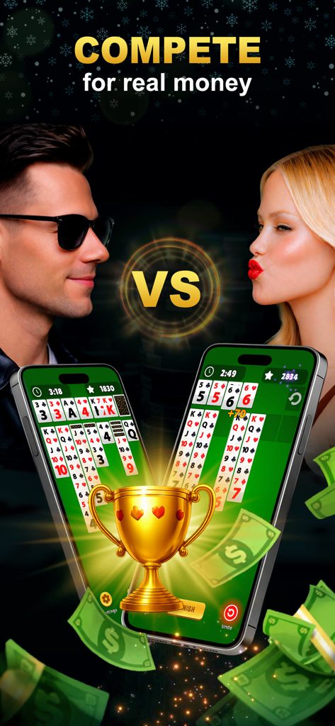 Two players competing in a head-to-head solitaire match for real money prizes.