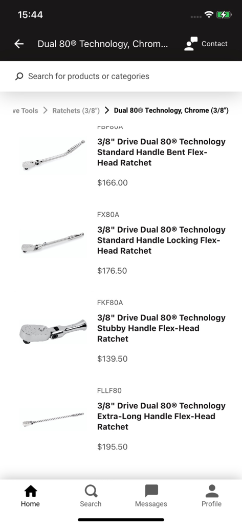 Snap-on - Snap-on 3/8インチドライブラチェットの製品リスト。アプリ内の価格が表示されています。