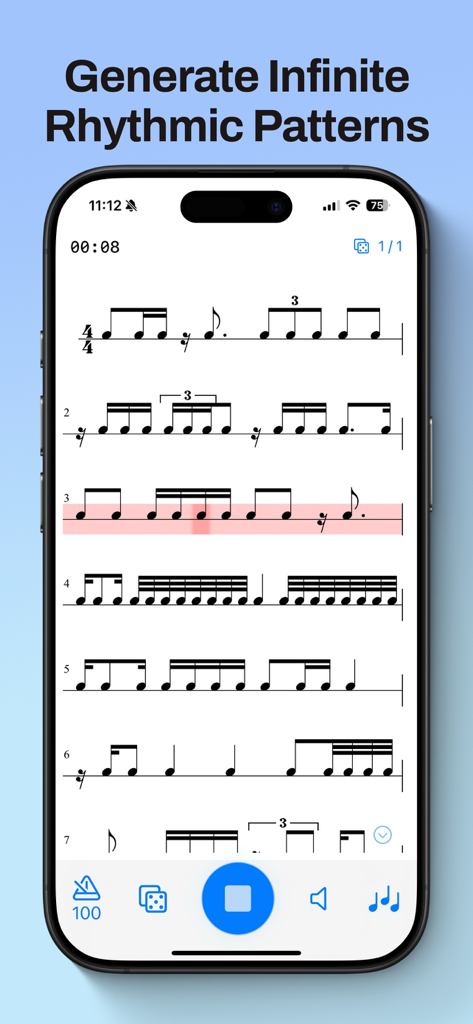 Rhythm Generator - Mobile app interface displaying multiple lines of musical rhythm notation for sight reading practice