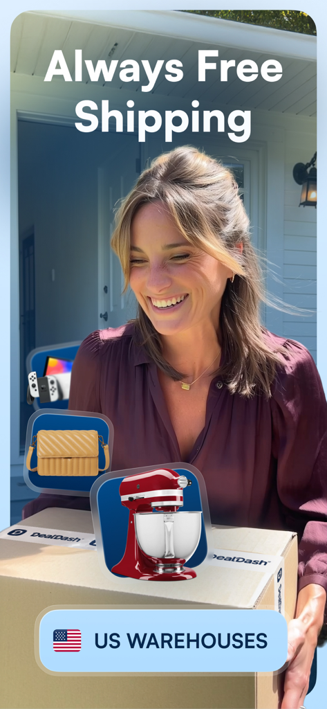 Smiling woman holding a DealDash delivery box with icons of a mixer, handbag, and game console under the text Always Free Shipping.