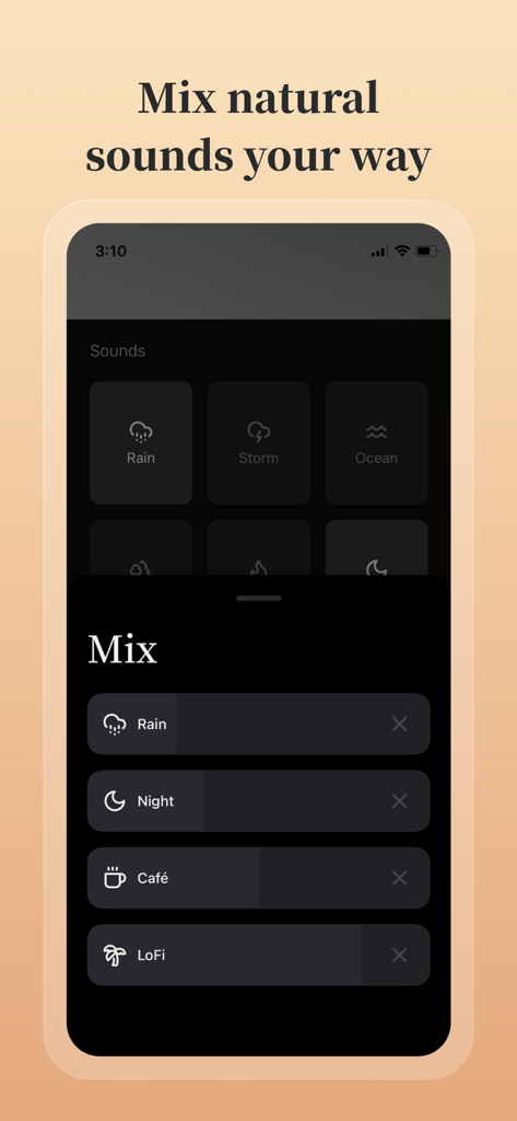 Mind Zen · Focus & Sleep Music - Mind Zen app interface showing a custom sound mixer with rain, night, cafe, and lofi ambient sounds