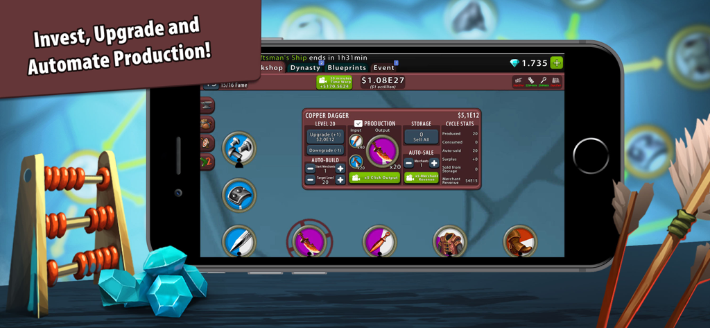 Crafting Idle Clicker game interface showing copper dagger production stats and workshop automation settings.