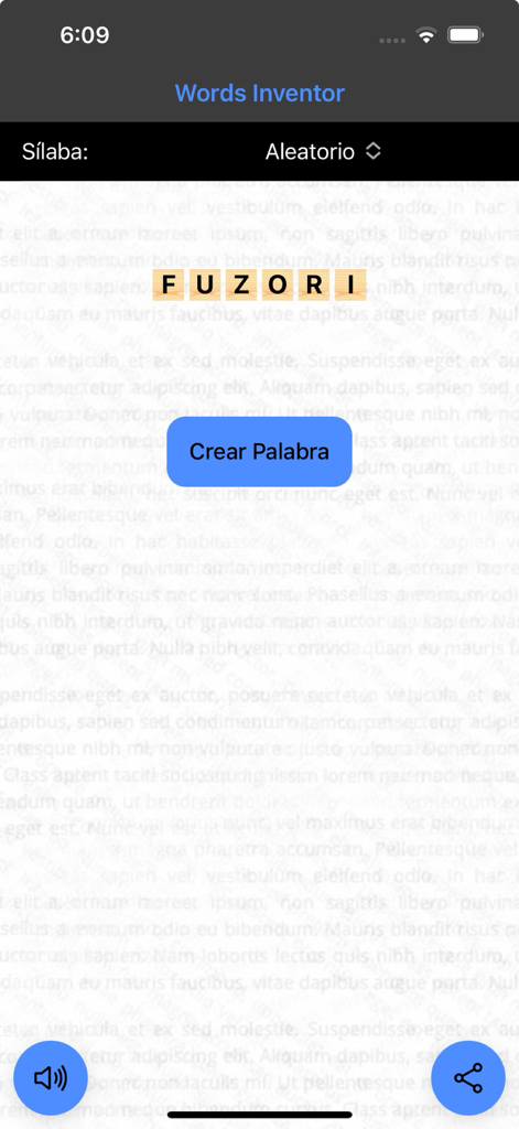 Words Inventor app interface displaying the unique generated word FUZORI in wood block style letters