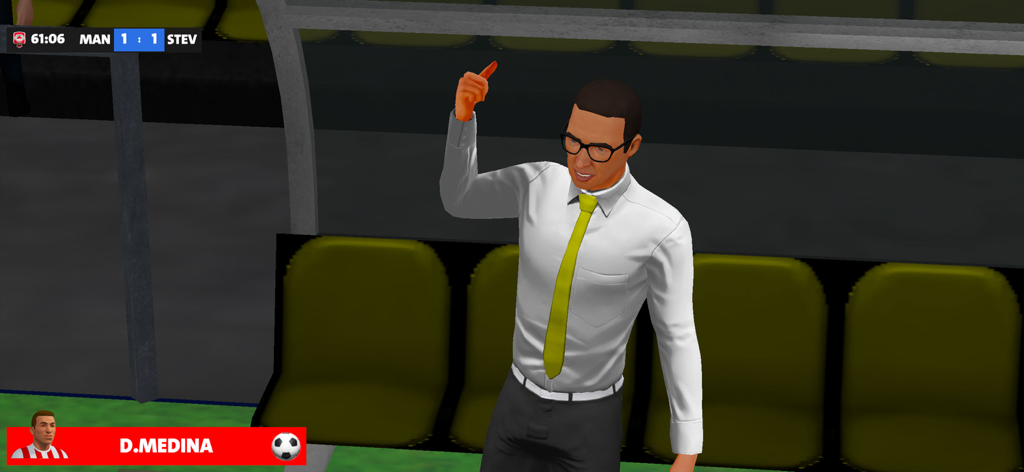First Team Manager Season 2026 - A soccer manager character in a white shirt and yellow tie giving instructions from the dugout during a match
