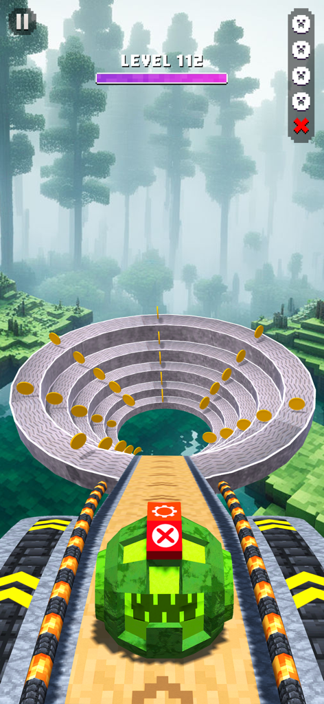 Super Rolling Ball Balance - A green monster skin rolling ball approaching a circular ramp with coins in a blocky voxel forest environment.