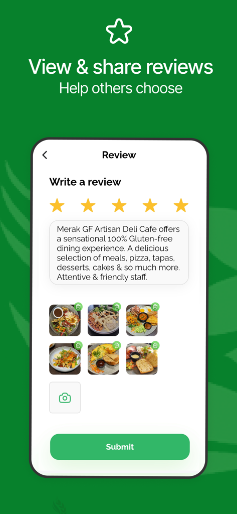 Interfaz de la aplicación para compartir reseñas de restaurantes sin gluten y fotos de comida.