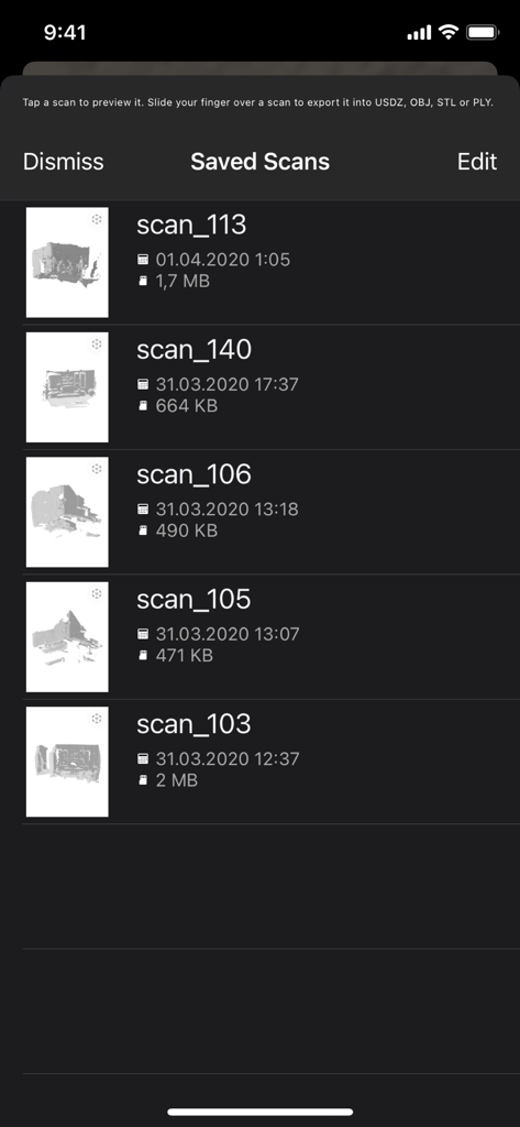 A list of saved 3D mesh scans showing file names dates and sizes within the LiDAR Scanner 3D app interface