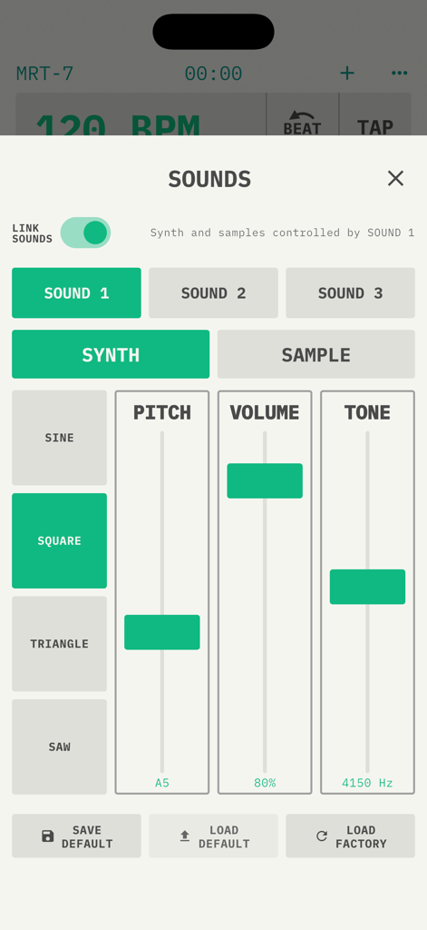MRT-7 Metronome - Interfaz de personalización de sonido de sintetizador de Metrónomo MRT-7 mostrando la selección de forma de onda cuadrada y controles deslizantes de volumen de tono y tono