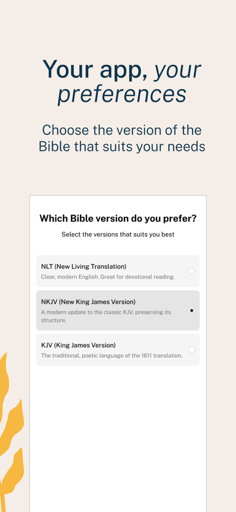 Scripturly - Scripturly app interface for choosing between NLT, NKJV, and KJV Bible versions.
