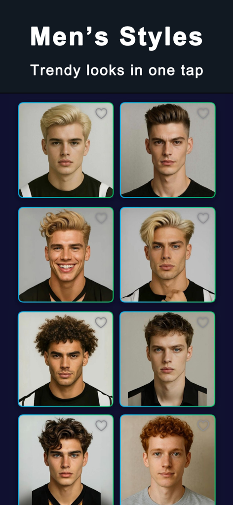 A grid of diverse trendy mens hairstyles for AI virtual try on in the HairLive app
