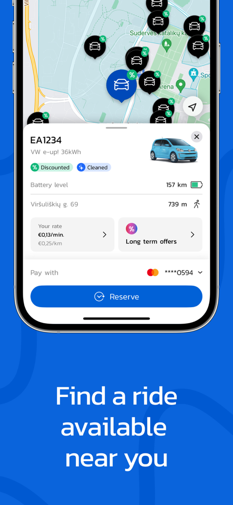 A mobile app screen showing a map with available electric cars and a reservation interface for a VW e-up