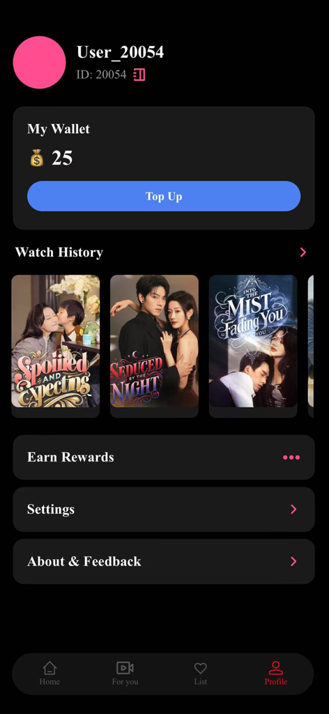Shortv - Watch Dramas & Shows - User profile screen of the Shortv app showing wallet balance and drama watch history.