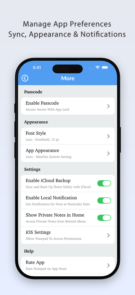 Menú de configuración de la aplicación NotePad Pro mostrando opciones de seguridad de código de acceso, apariencia y sincronización con iCloud.