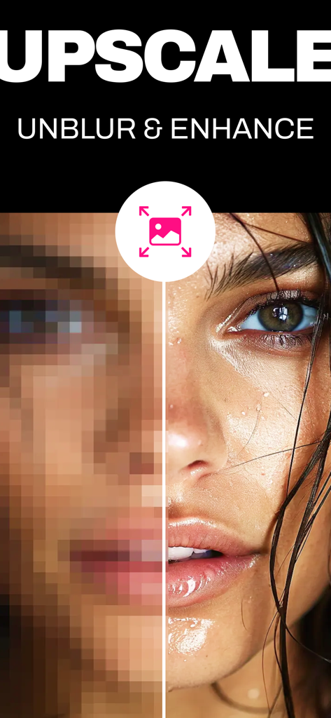 Upscale ++ - Comparación lado a lado que muestra un retrato pixelado de baja resolución y una versión mejorada y nítida de alta definición de la misma imagen.