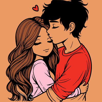 a realistic couple boy and girl hugging and kissing