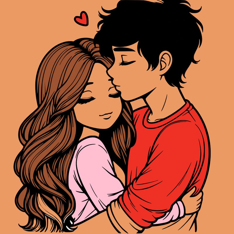 a realistic couple boy and girl hugging and kissing