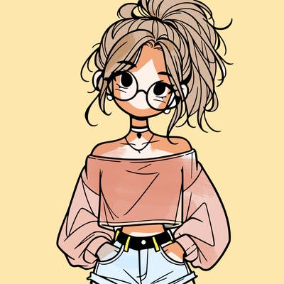 girl with a messy ponytail glasses a baggy crop top and jean shorts