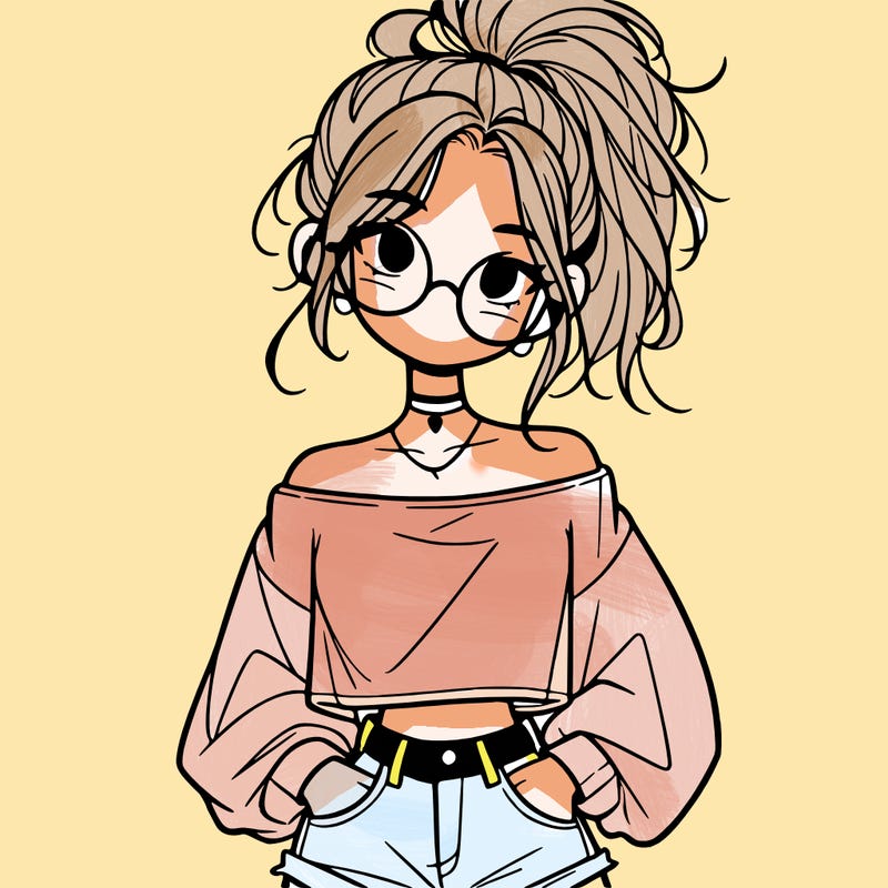 girl with a messy ponytail glasses a baggy crop top and jean shorts