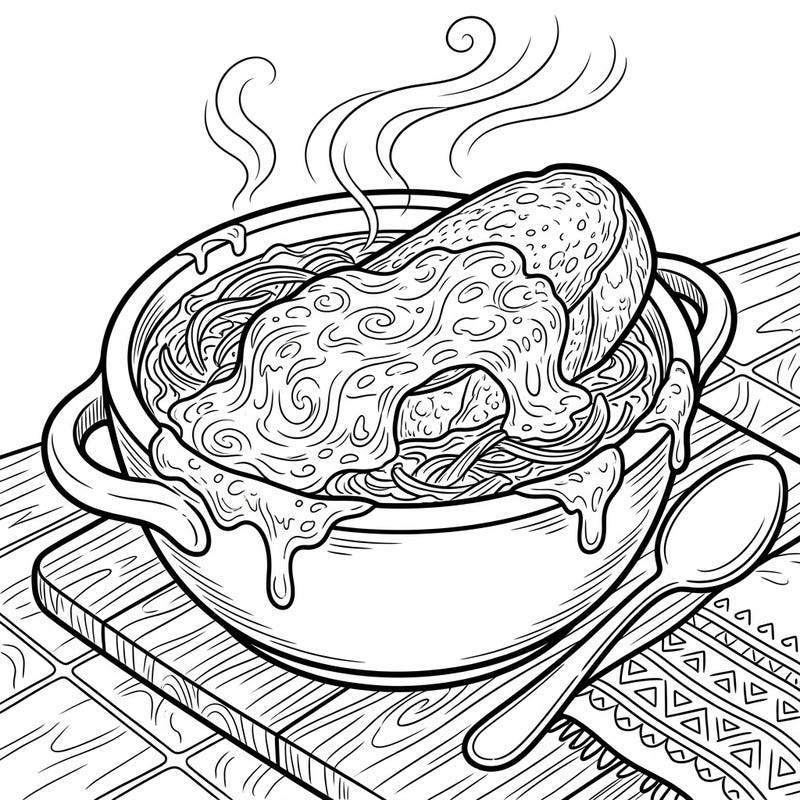 Indulge in the comforting delight of this French Onion Soup coloring page, showcasing a steaming bowl topped with cheesy, crusty bread. It's a perfect culinary canvas for food lovers and coloring enthusiasts alike.