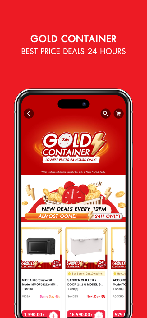 Interfaccia dell'app Makro PRO che mostra offerte lampo Gold Container e offerte giornaliere all'ingrosso