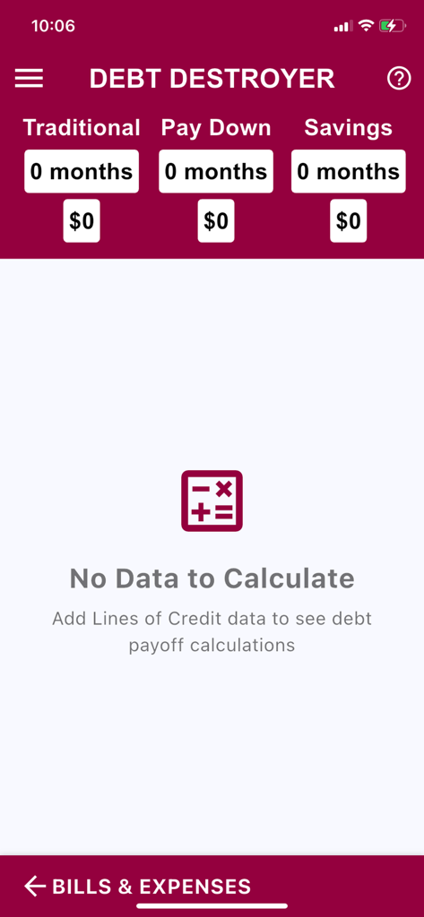 The Debt Destroyer screen of the Pay Down Velocity Banking app showing debt payoff categories