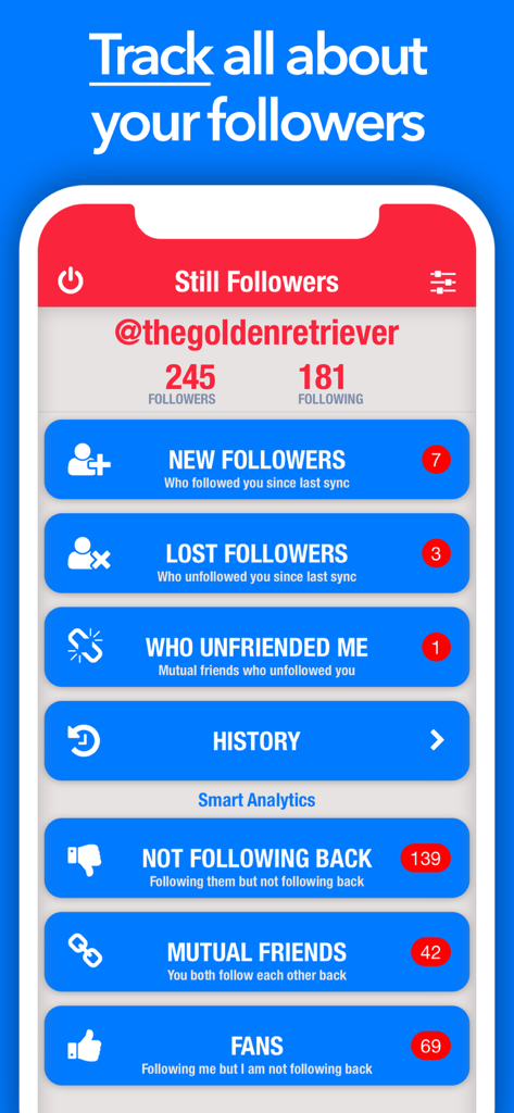 Still Followers - IG Tracker - Main dashboard of the Still Followers app showing Instagram analytics like new followers, lost followers, and mutual friends.