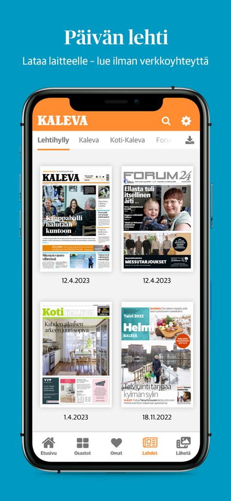 Écran de l'application mobile Kaleva affichant une étagère de journaux numériques disponibles au téléchargement et à la lecture hors ligne