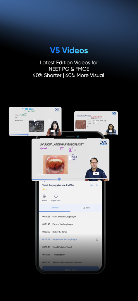 DocTutorials-NEET PG, SS, FMGE - DocTutorials app interface displaying visual medical video lectures for NEET PG and FMGE exam preparation