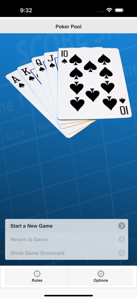 Home screen of the Poker Pool Scorecard app showing options to start a new game and a hand of playing cards.