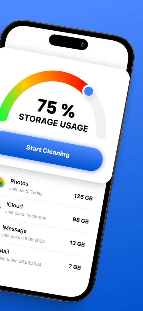 iPhone screen showing 75 percent storage usage with a button to start cleaning