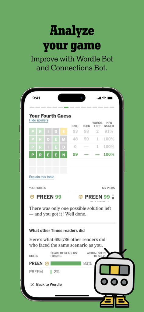NYT Games: Wordle & Crossword - Uma captura de tela móvel da página de análise do Wordle Bot no aplicativo NYT Games mostrando estatísticas de desempenho de um quebra-cabeça de palavras.