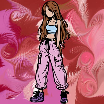 girl in baggy pants crop top and long hair