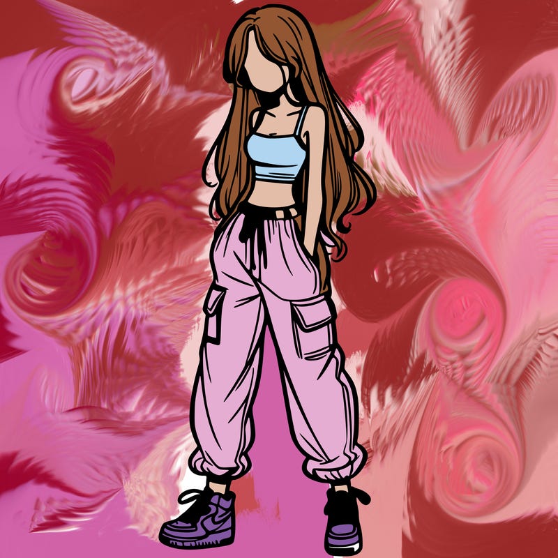 girl in baggy pants crop top and long hair