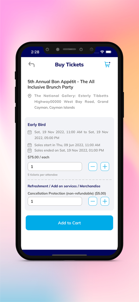 Interface of TicketsPlus Attendee app showing options to buy tickets for a brunch party in the Cayman Islands