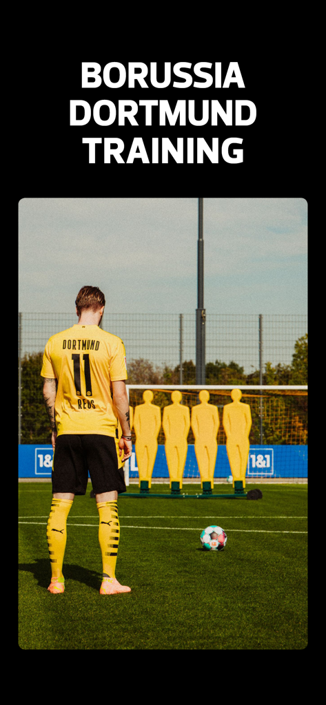 box-to-box: Soccer Training - Um jogador de futebol em uniforme do Borussia Dortmund praticando chutes livres contra uma parede defensiva de manequins.