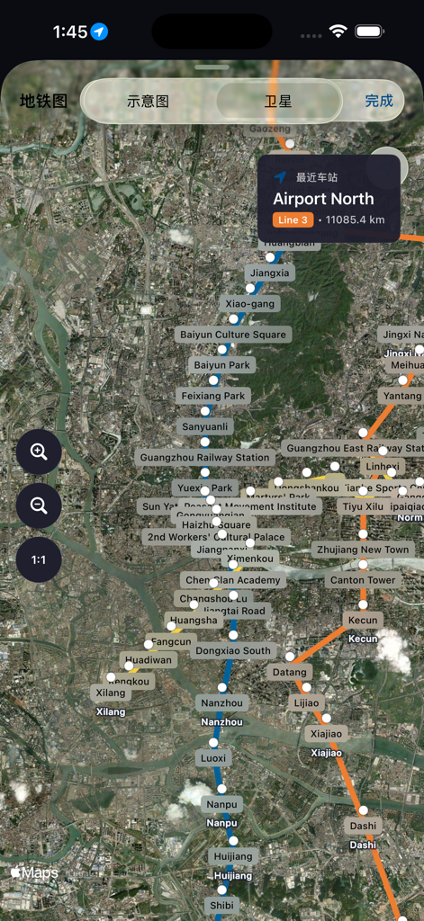 Metro Guangzhou Map - Vista satellitare della mappa della metropolitana di Guangzhou che mostra la Linea 3 e la stazione Airport North