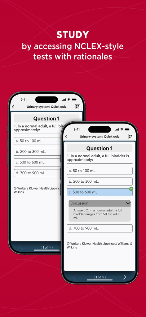 Interactive NCLEX-style quiz on the urinary system within the Anatomy and Physiology Made Easy mobile app