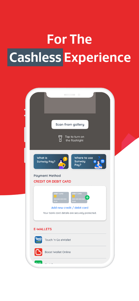 Interface of the Sunway Super App showing Sunway Pay features for a cashless experience with credit card and e-wallet options