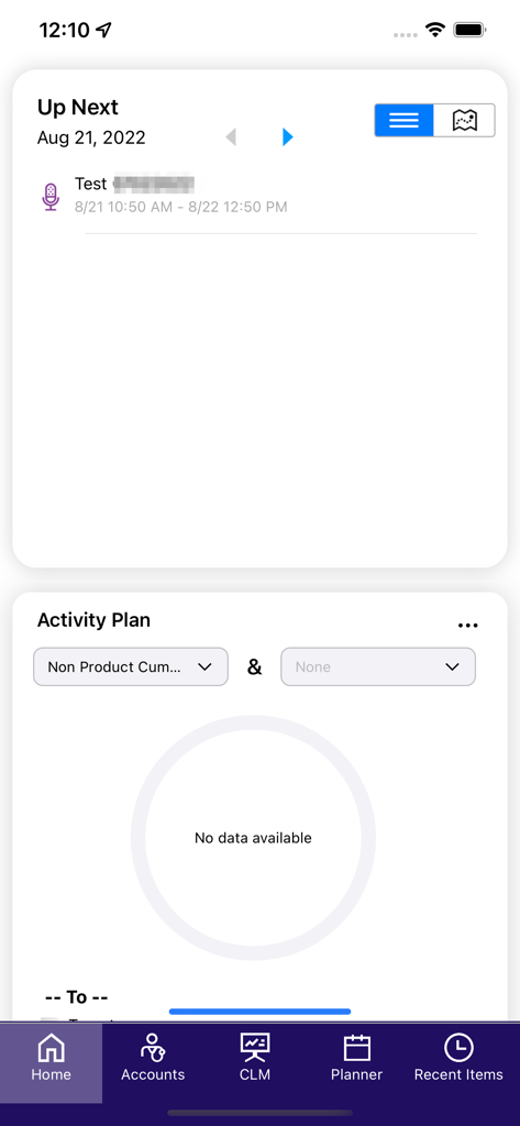 Panel de inicio de la aplicación IQVIA OCE que muestra próximas reuniones y plan de actividad