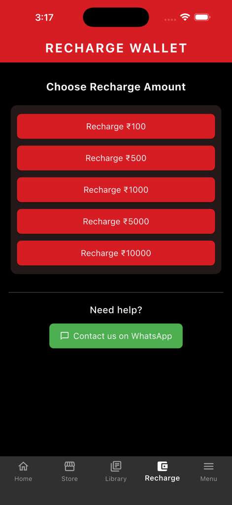 Raj Comics - Raj Comics app wallet recharge screen with options to add funds for digital comics