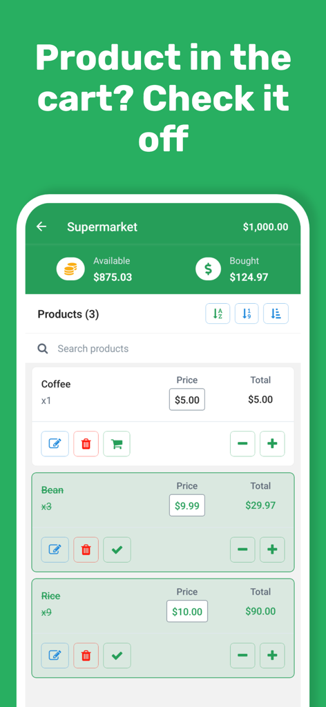 Interface of Listay app showing a supermarket shopping list with items checked off and budget tracking