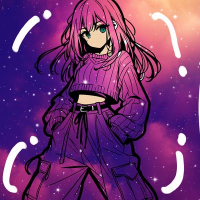 anime teen girl with baggy pants and crop top with sweater