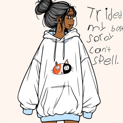 realistic girl with a oversized sweatshirt on and a bun