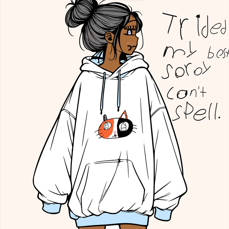 realistic girl with a oversized sweatshirt on and a bun