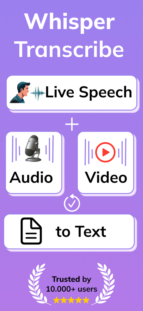 Whisper AI Voice to Text - Whisper AI Voice to Text app interface showing transcription options for live speech audio and video files