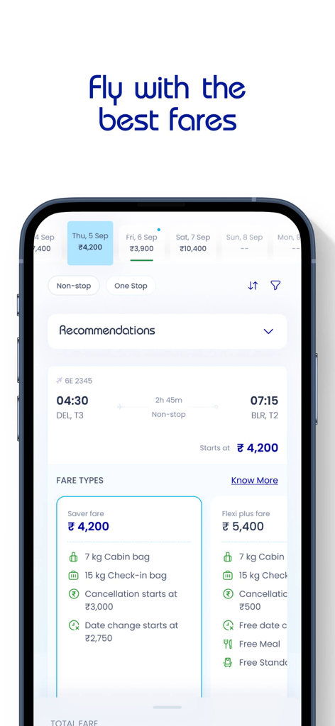 IndiGo: Flight Booking App - Bildschirm der IndiGo App, der Flugpreise und verschiedene Ticketoptionen wie Saver und Flexi Plus für einen Inlandsflug anzeigt.