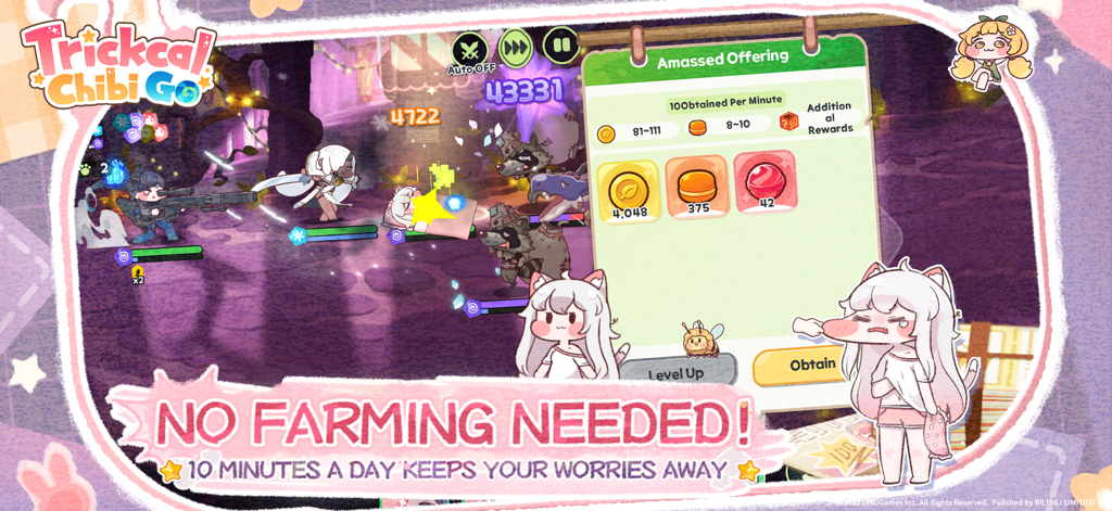 Gameplay-Screenshot von Trickcal Chibi Go, der gesammelte Belohnungen und eine Meldung anzeigt, dass kein Farming erforderlich ist.