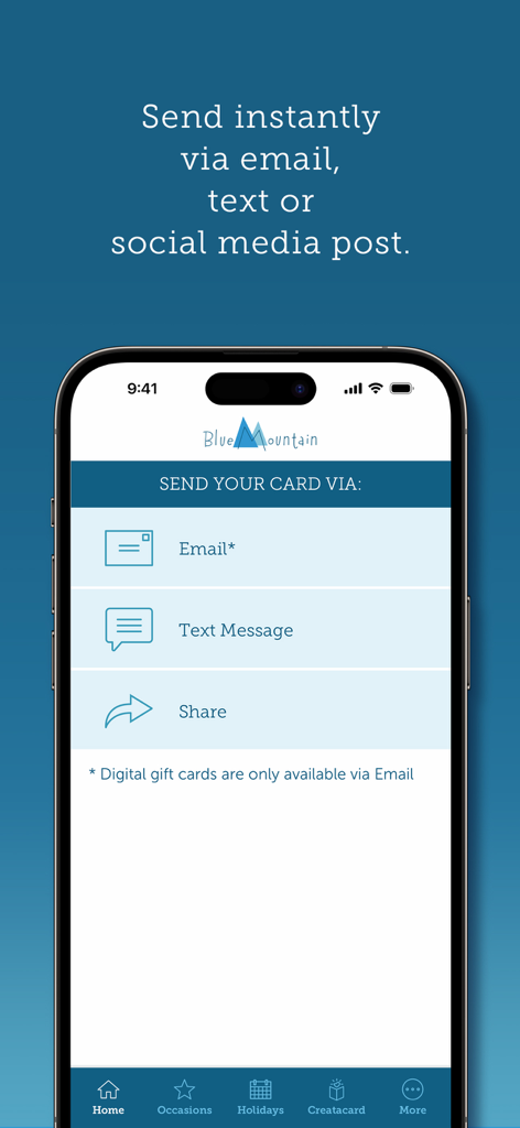 Interface de l'application Blue Mountain Ecards montrant les options pour envoyer des cartes de vœux numériques par e-mail, SMS ou partage sur les réseaux sociaux.