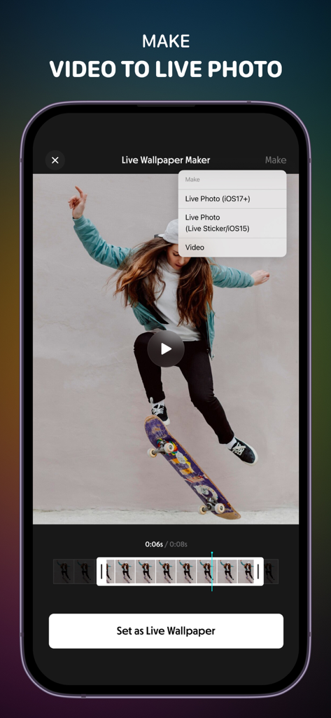 iPhone-Bildschirm, der die WallPics Live Wallpaper Maker-Funktion zeigt, die ein Video eines Skateboarders in ein Live-Foto umwandelt.